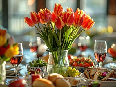 Een volle sfeervolle tafel gedekt met hapjes en drankjes zoals druiven, aardbeien en brood, in het midden van de tafel staat een vaas met oranje met gele tulpen.